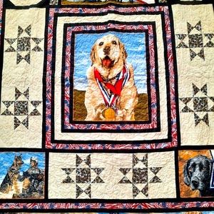 Handmade quilt. 66.5x70.5. Patriotic dog quilt. Tan black grey and red